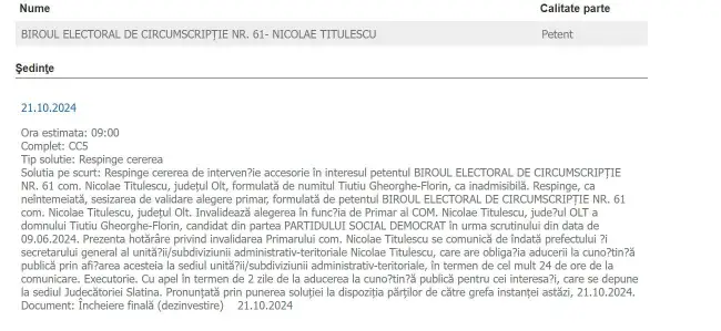 Foto Alegerea în funcţia de primar a lui Gheorghe Tiutiu, invalidată de instanţă