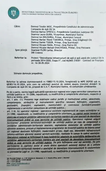 Foto Guvern: Slatina riscă returnarea fondurilor europene, dacă se retrage din Compania de Apă Olt, iar România infringement-ul (DOCUMENT)