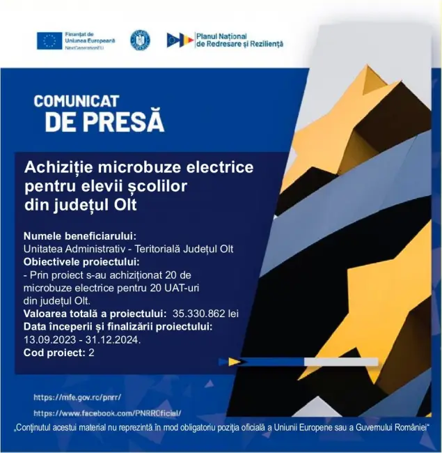 Foto Comunicat de presă finalizare proiect „Achiziție microbuze electrice pentru elevii școlilor din județul Olt“